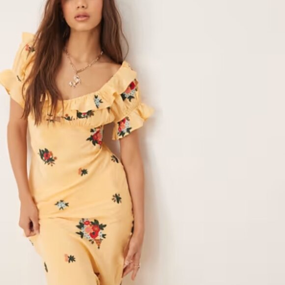 Free People Floral Embroidered Puff Sleeve Maxi Dress Yellow Size M NWT - Picture 5 of 7